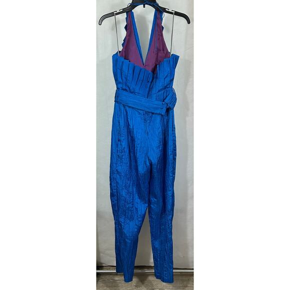 Vintage Norman’s Atlanta Blue Crinkle Halter Jumpsuit with Belt - Size XS/S - Picture 3 of 8